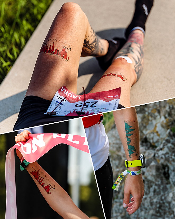 Runner wearing a personalized Trail Tattoo with essential race information displayed on the forearm